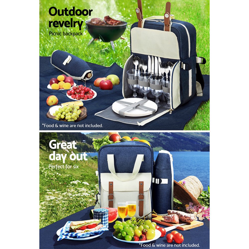 Alfresco 4 Person Picnic Basket Set Backpack Bag Insulated Blue - Outdoorium