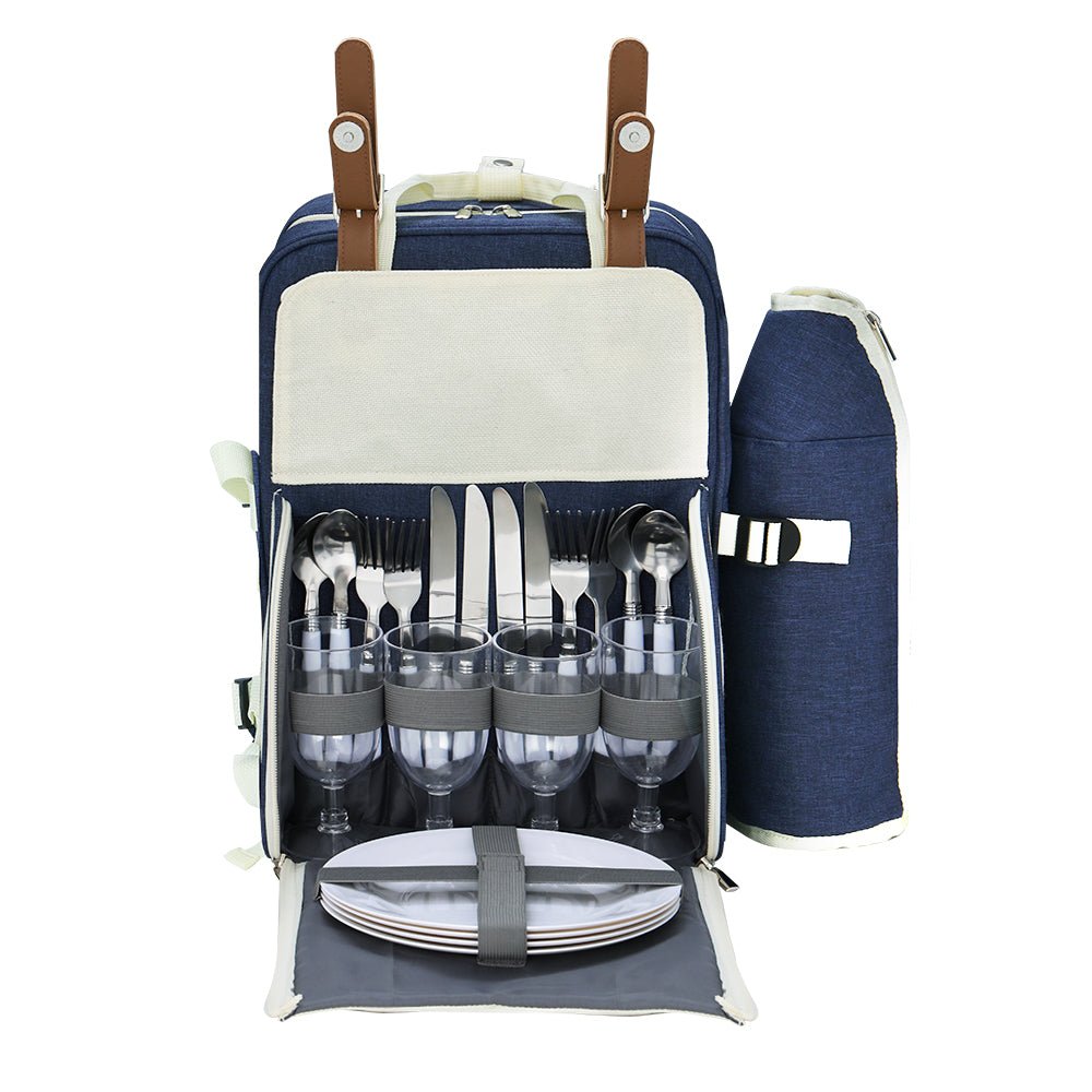 Alfresco 4 Person Picnic Basket Set Backpack Bag Insulated Blue - Outdoorium