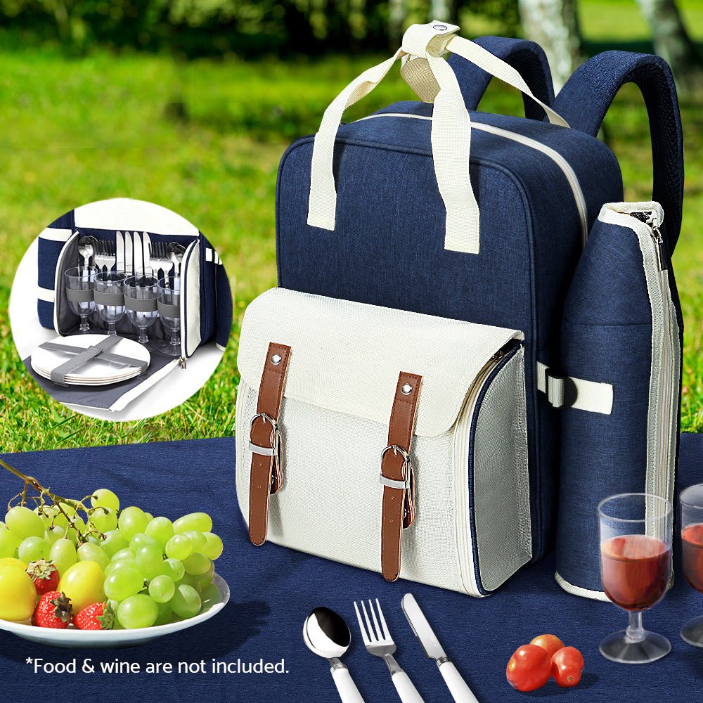 Alfresco 4 Person Picnic Basket Set Backpack Bag Insulated Blue - Outdoorium