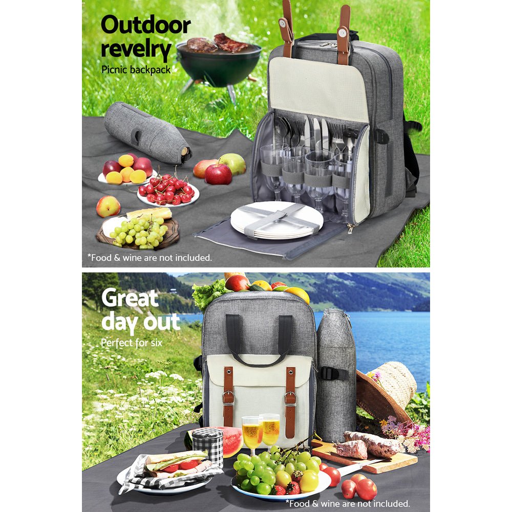 Alfresco 4 Person Picnic Basket Set Backpack Bag Insulated Grey - Outdoorium