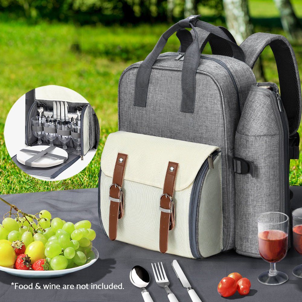 Alfresco 4 Person Picnic Basket Set Backpack Bag Insulated Grey - Outdoorium