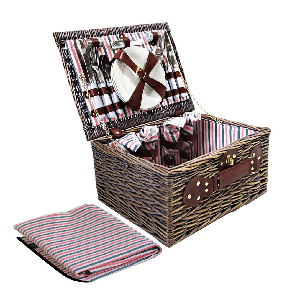 Alfresco 4 Person Picnic Basket Set Insulated Blanket Bag - Outdoorium