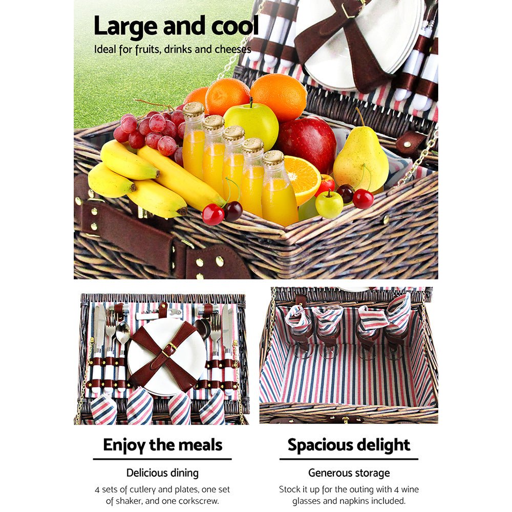 Alfresco 4 Person Picnic Basket Set Insulated Blanket Bag - Outdoorium