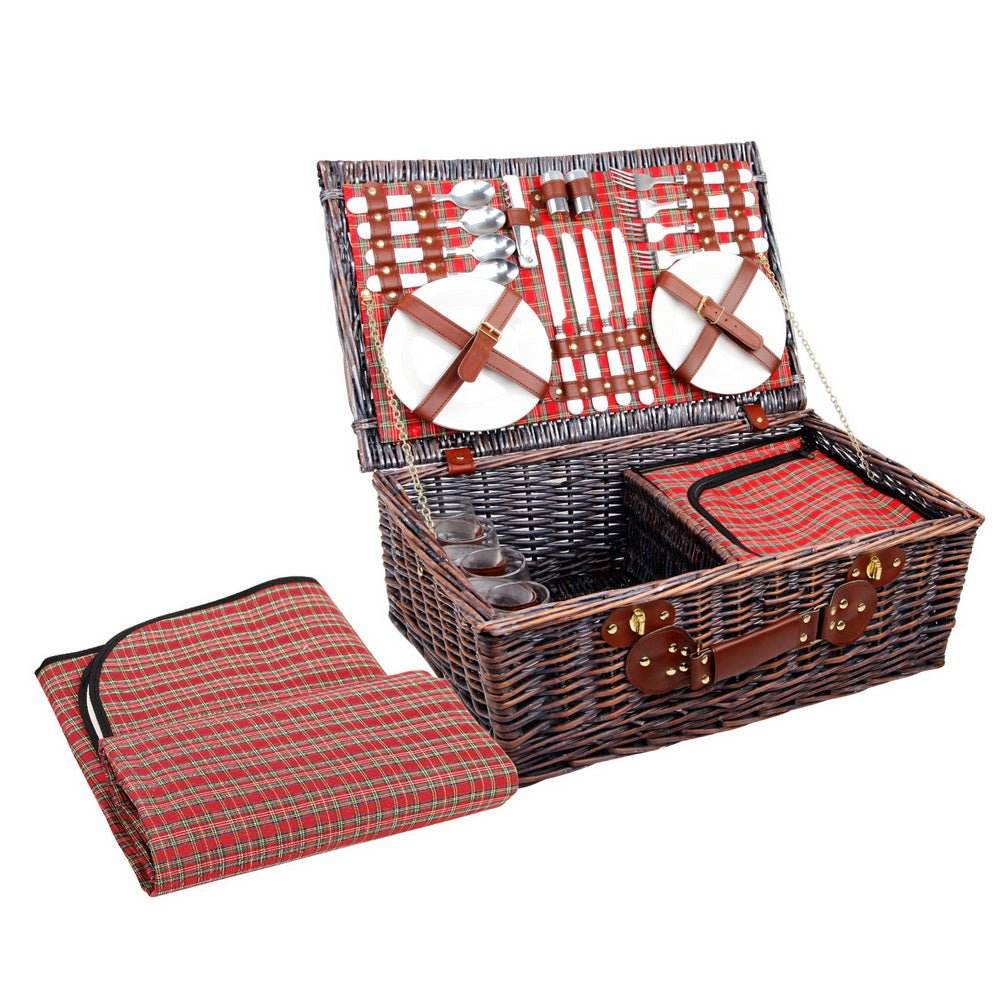 Alfresco 4 Person Picnic Basket Set Insulated Blanket Bag Red - Outdoorium