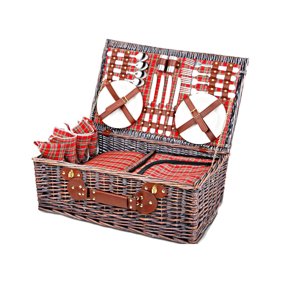 Alfresco 4 Person Picnic Basket Set Insulated Blanket Bag Red - Outdoorium