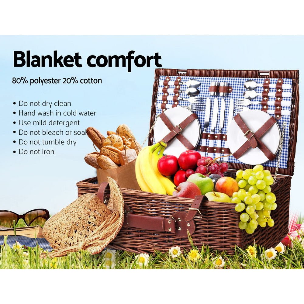 Alfresco 4 Person Picnic Basket Set Insulated Blanket Storage Bag - Outdoorium