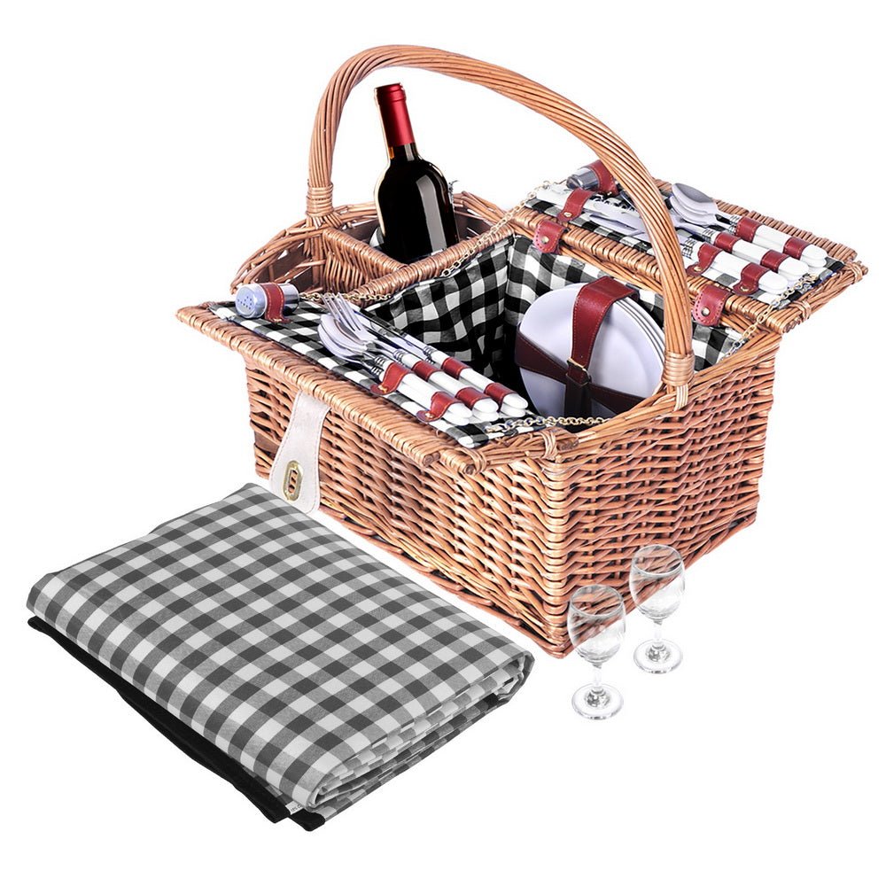 Alfresco 4 Person Picnic Basket Set Insulated Outdoor Blanket Bag - Outdoorium