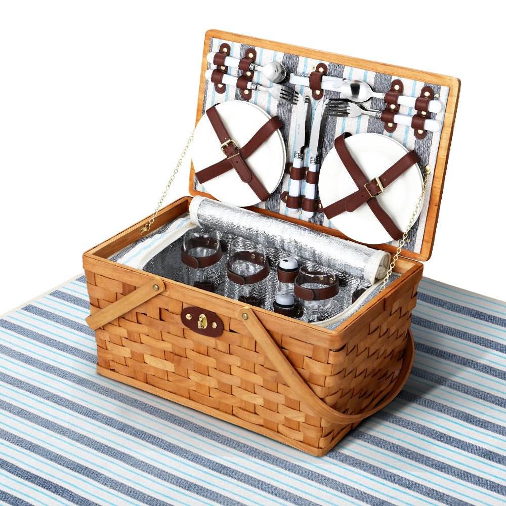 Alfresco 4 Person Picnic Basket Set Wooden Blanket Bag Insulated - Outdoorium