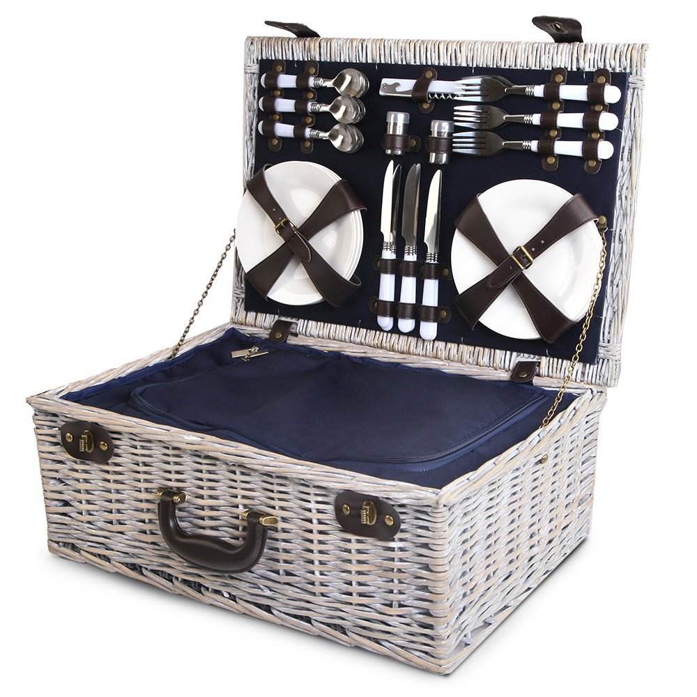 Alfresco 6 Person Picnic Basket Set Cooler Bag Insulated Blanket Plates Navy - Outdoorium