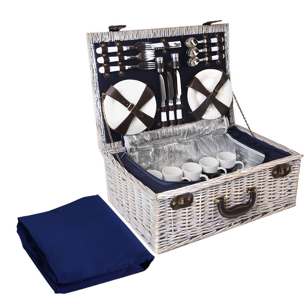 Alfresco 6 Person Picnic Basket Set Cooler Bag Insulated Blanket Plates Navy - Outdoorium