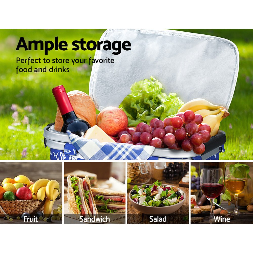 Alfresco Picnic Basket Folding Bag Hamper Food Insulated Cover Storage - Outdoorium