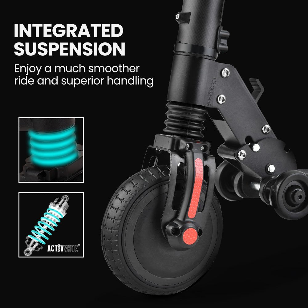 ALPHA Carbon Gen III Ultra - light 300W 10Ah Electric Scooter Suspension, for Adults or Teens, Black/Red - Outdoorium