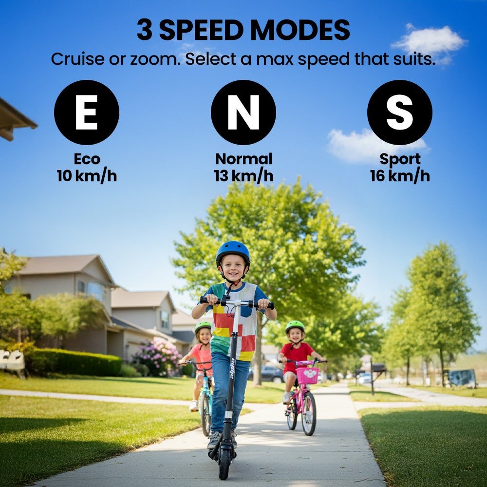 ALPHA Edge Electric Scooter, Kids & Teens, Adjustable Handlebars, 3 Speed Modes, Dual Foot E - Brake, Bluetooth Music, LED, Black | Outdoorium