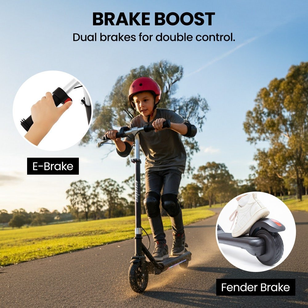 ALPHA Edge Electric Scooter, Kids & Teens, Adjustable Handlebars, 3 Speed Modes, Dual Foot E - Brake, Bluetooth Music, LED, Black | Outdoorium