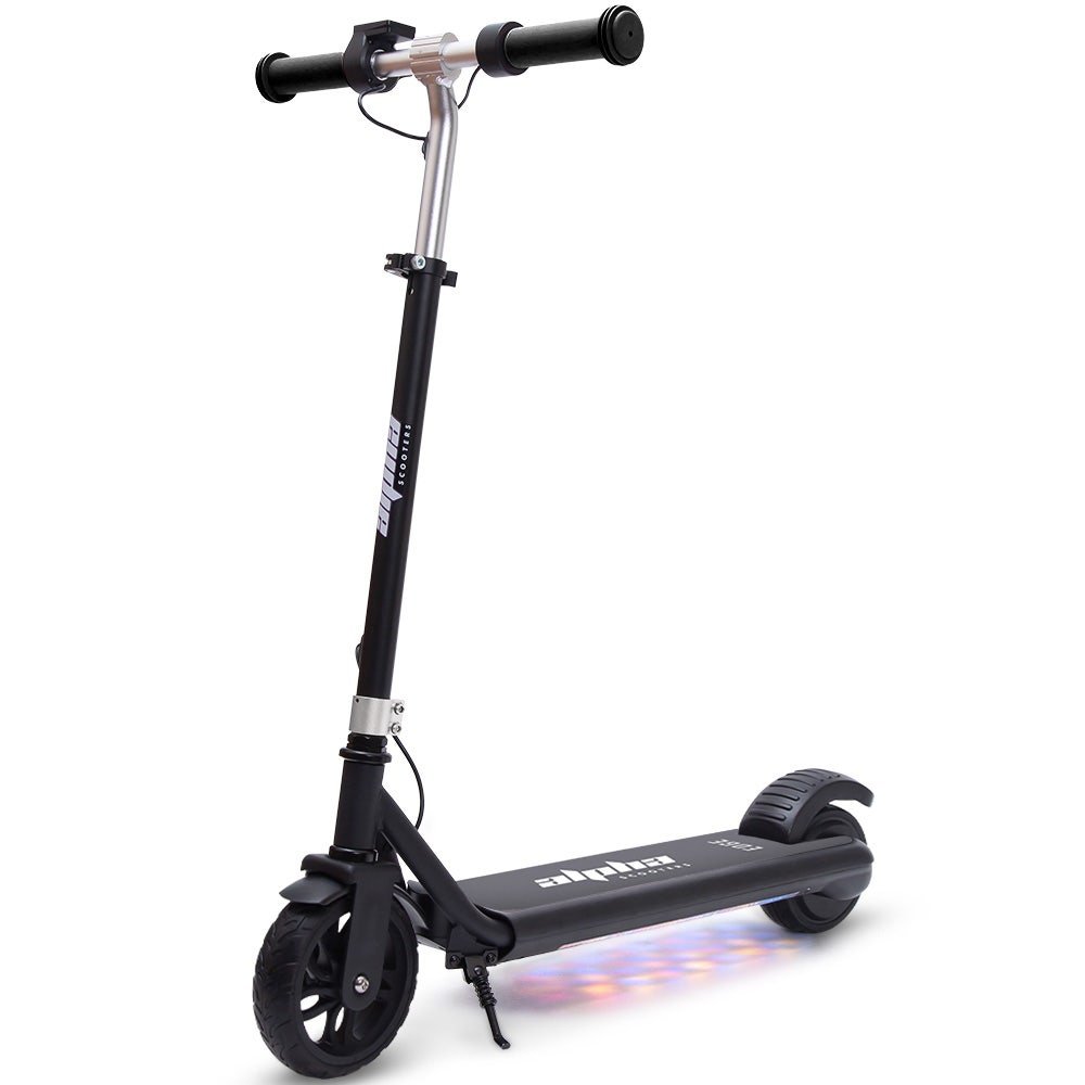 ALPHA Edge Electric Scooter, Kids & Teens, Adjustable Handlebars, 3 Speed Modes, Dual Foot E - Brake, Bluetooth Music, LED, Black | Outdoorium
