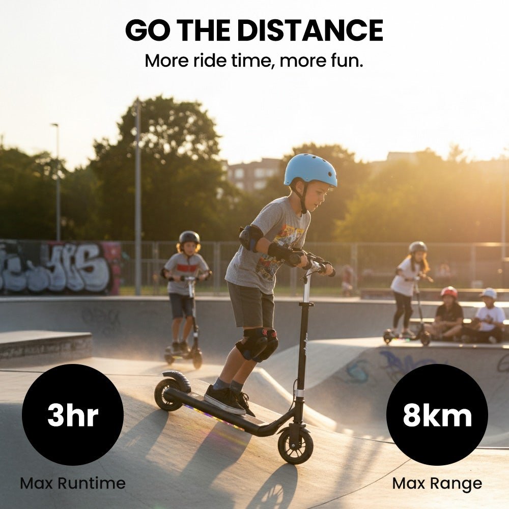 ALPHA Edge Electric Scooter, Kids & Teens, Adjustable Handlebars, 3 Speed Modes, Dual Foot E - Brake, Bluetooth Music, LED, Black | Outdoorium