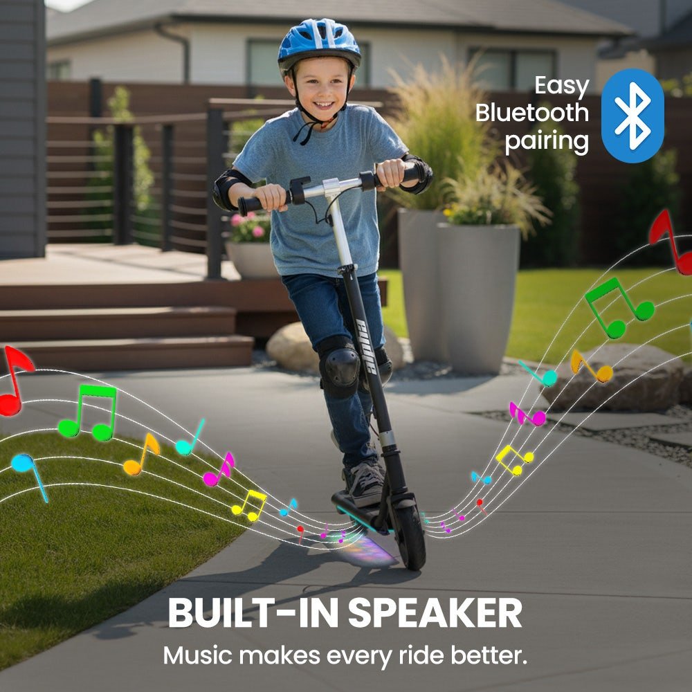 ALPHA Edge Electric Scooter, Kids & Teens, Adjustable Handlebars, 3 Speed Modes, Dual Foot E - Brake, Bluetooth Music, LED, Black | Outdoorium
