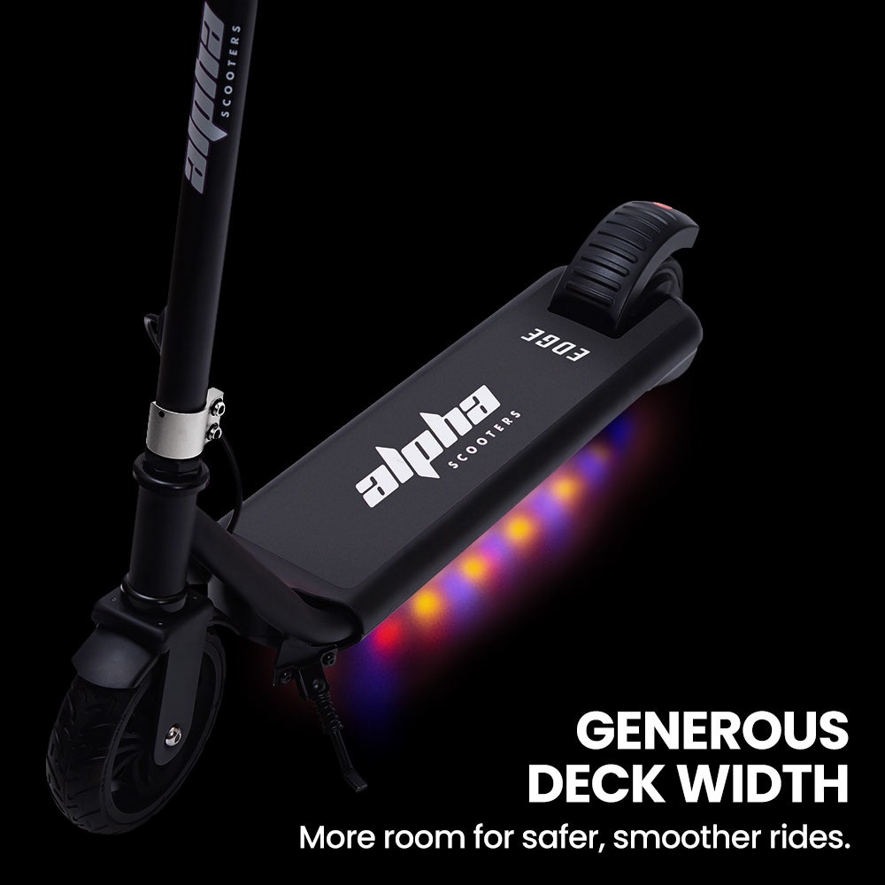 ALPHA Edge Electric Scooter, Kids & Teens, Adjustable Handlebars, 3 Speed Modes, Dual Foot E - Brake, Bluetooth Music, LED, Black | Outdoorium