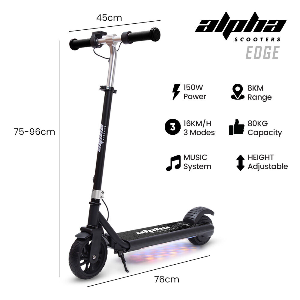 ALPHA Edge Electric Scooter, Kids & Teens, Adjustable Handlebars, 3 Speed Modes, Dual Foot E - Brake, Bluetooth Music, LED, Black | Outdoorium