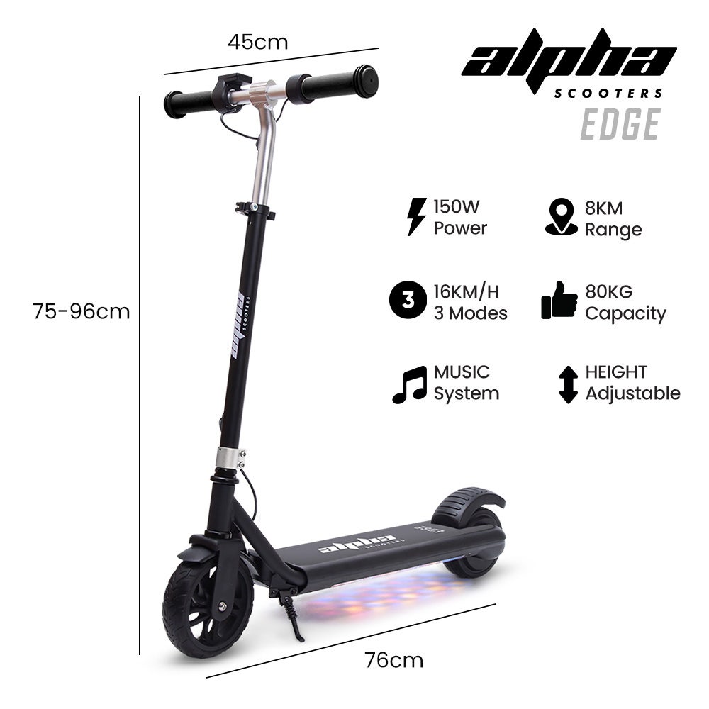ALPHA Edge Electric Scooter, Kids & Teens, Adjustable Handlebars, 3 Speed Modes, Dual Foot E - Brake, Bluetooth Music, LED, Black | Outdoorium