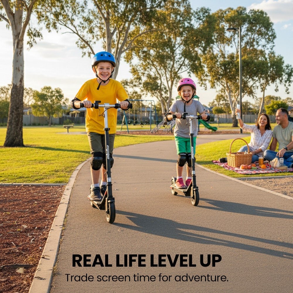 ALPHA Edge Electric Scooter, Kids & Teens, Adjustable Handlebars, 3 Speed Modes, Dual Foot E - Brake, Bluetooth Music, LED, Black | Outdoorium