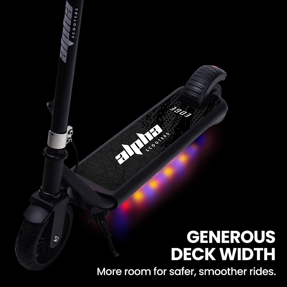 ALPHA Edge Electric Scooter, Kids & Teens, Adjustable Handlebars, 3 Speed Modes, Dual Foot E - Brake, Bluetooth Music, LED, Black | Outdoorium