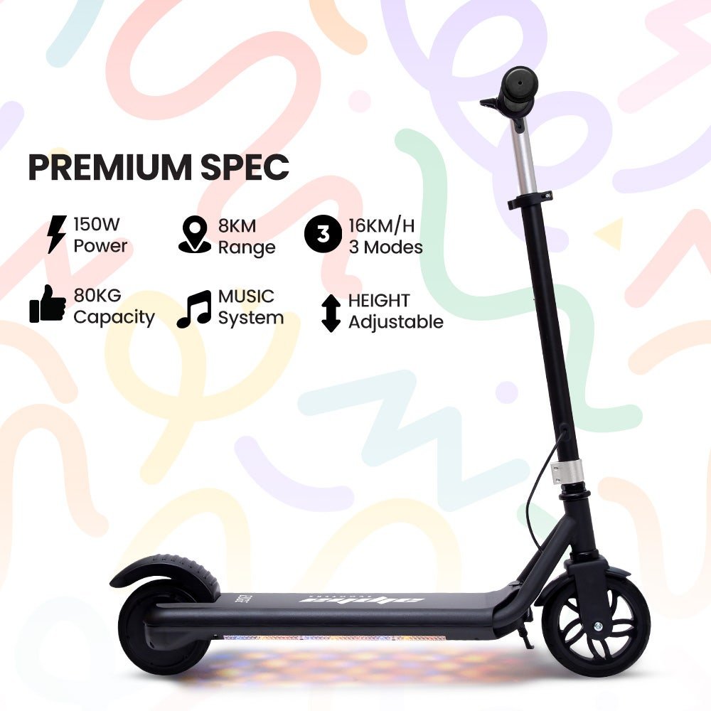 ALPHA Edge Electric Scooter, Kids & Teens, Adjustable Handlebars, 3 Speed Modes, Dual Foot E - Brake, Bluetooth Music, LED, Black | Outdoorium