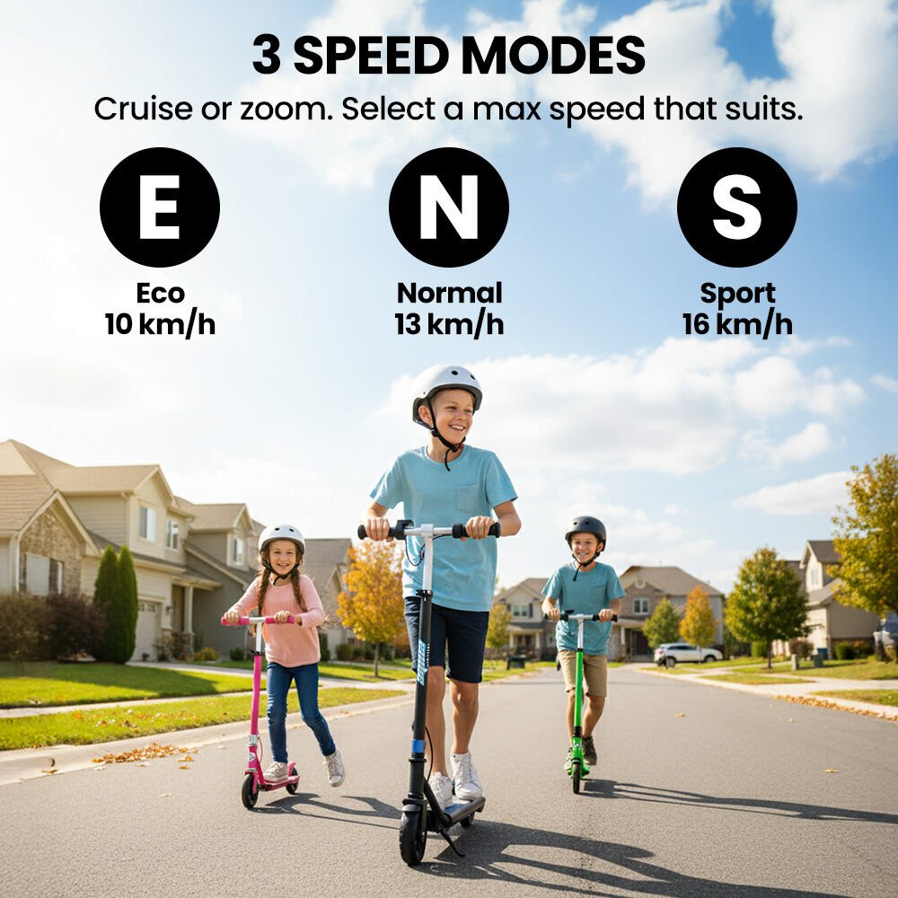 ALPHA Edge Electric Scooter, Kids & Teens, Adjustable Handlebars, 3 Speed Modes, Dual Foot E - Brake, Bluetooth Music, LED, Blue | Outdoorium