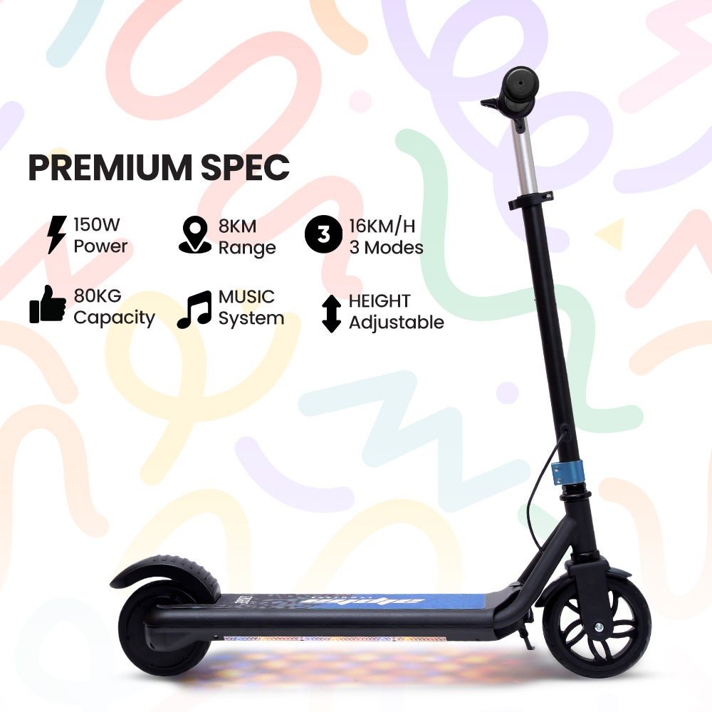 ALPHA Edge Electric Scooter, Kids & Teens, Adjustable Handlebars, 3 Speed Modes, Dual Foot E - Brake, Bluetooth Music, LED, Blue | Outdoorium