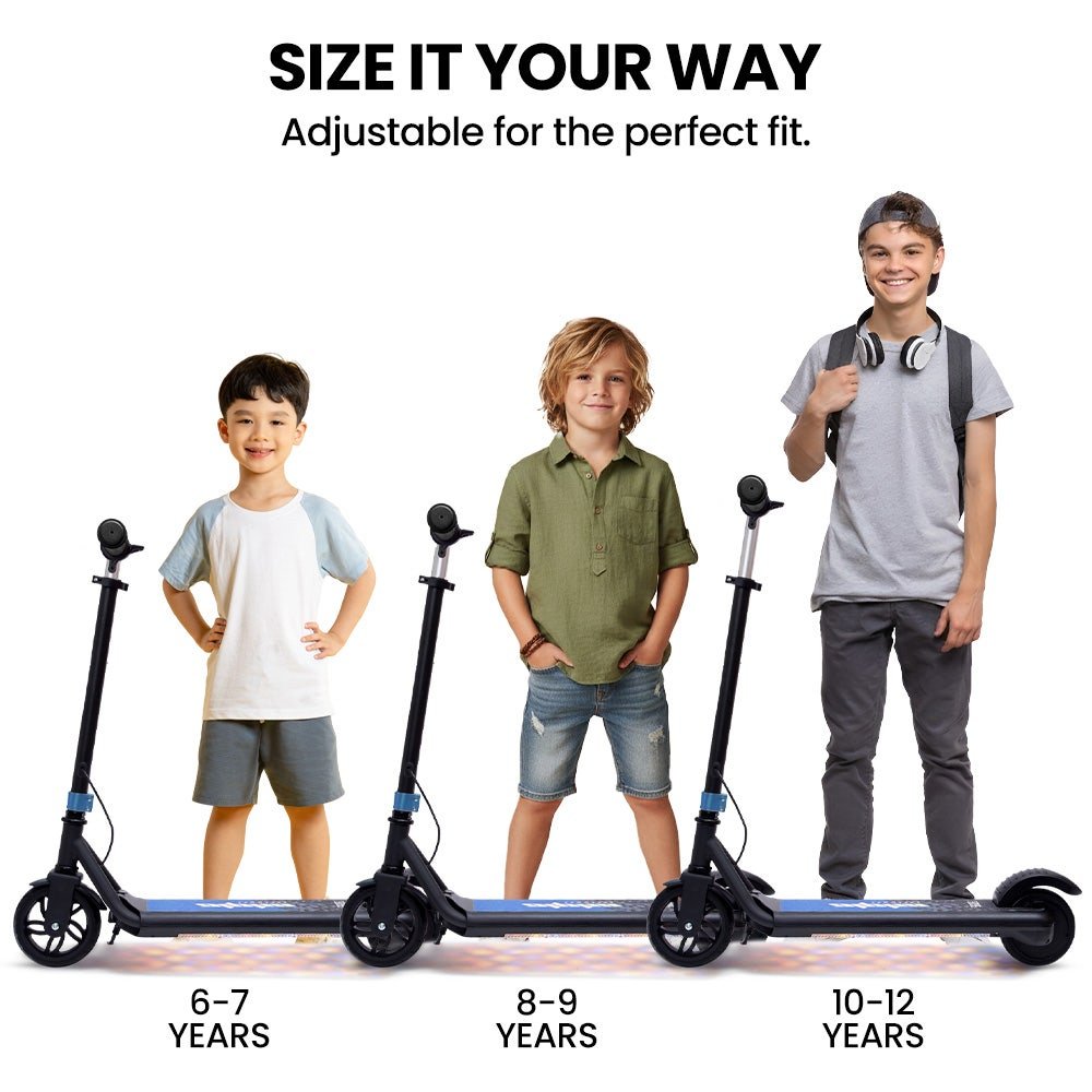 ALPHA Edge Electric Scooter, Kids & Teens, Adjustable Handlebars, 3 Speed Modes, Dual Foot E - Brake, Bluetooth Music, LED, Blue | Outdoorium