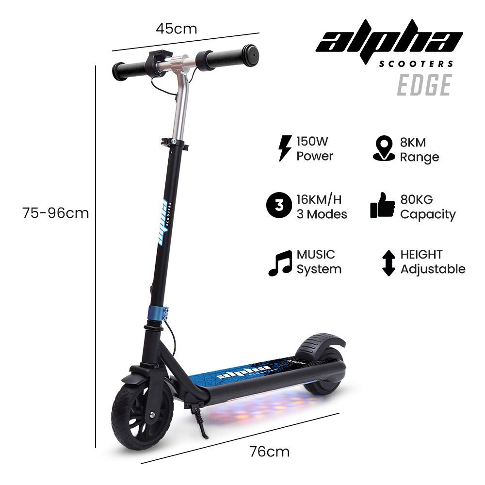ALPHA Edge Electric Scooter, Kids & Teens, Adjustable Handlebars, 3 Speed Modes, Dual Foot E - Brake, Bluetooth Music, LED, Blue | Outdoorium