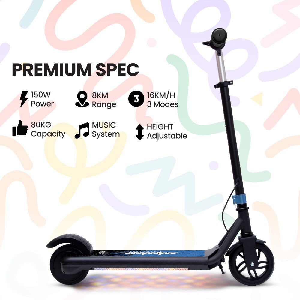 ALPHA Edge Electric Scooter, Kids & Teens, Adjustable Handlebars, 3 Speed Modes, Dual Foot E - Brake, Bluetooth Music, LED, Blue | Outdoorium