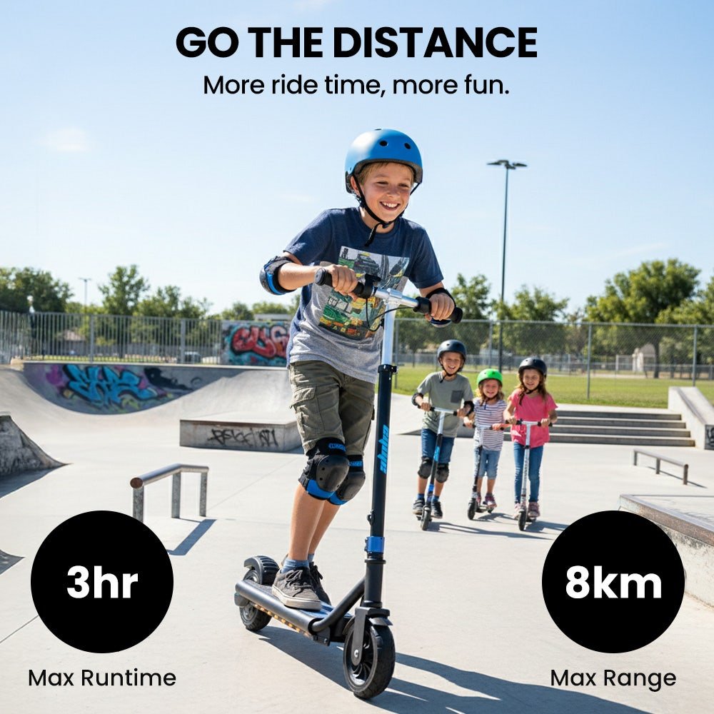 ALPHA Edge Electric Scooter, Kids & Teens, Adjustable Handlebars, 3 Speed Modes, Dual Foot E - Brake, Bluetooth Music, LED, Blue | Outdoorium