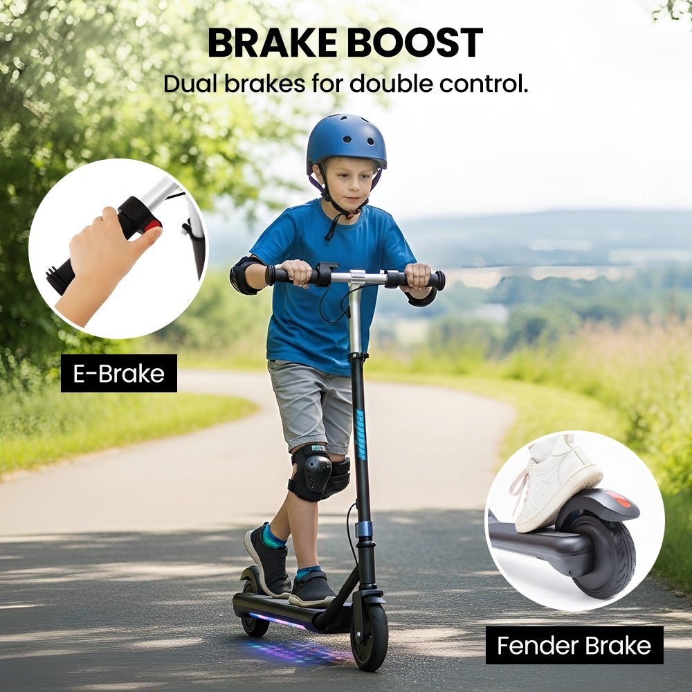 ALPHA Edge Electric Scooter, Kids & Teens, Adjustable Handlebars, 3 Speed Modes, Dual Foot E - Brake, Bluetooth Music, LED, Blue | Outdoorium