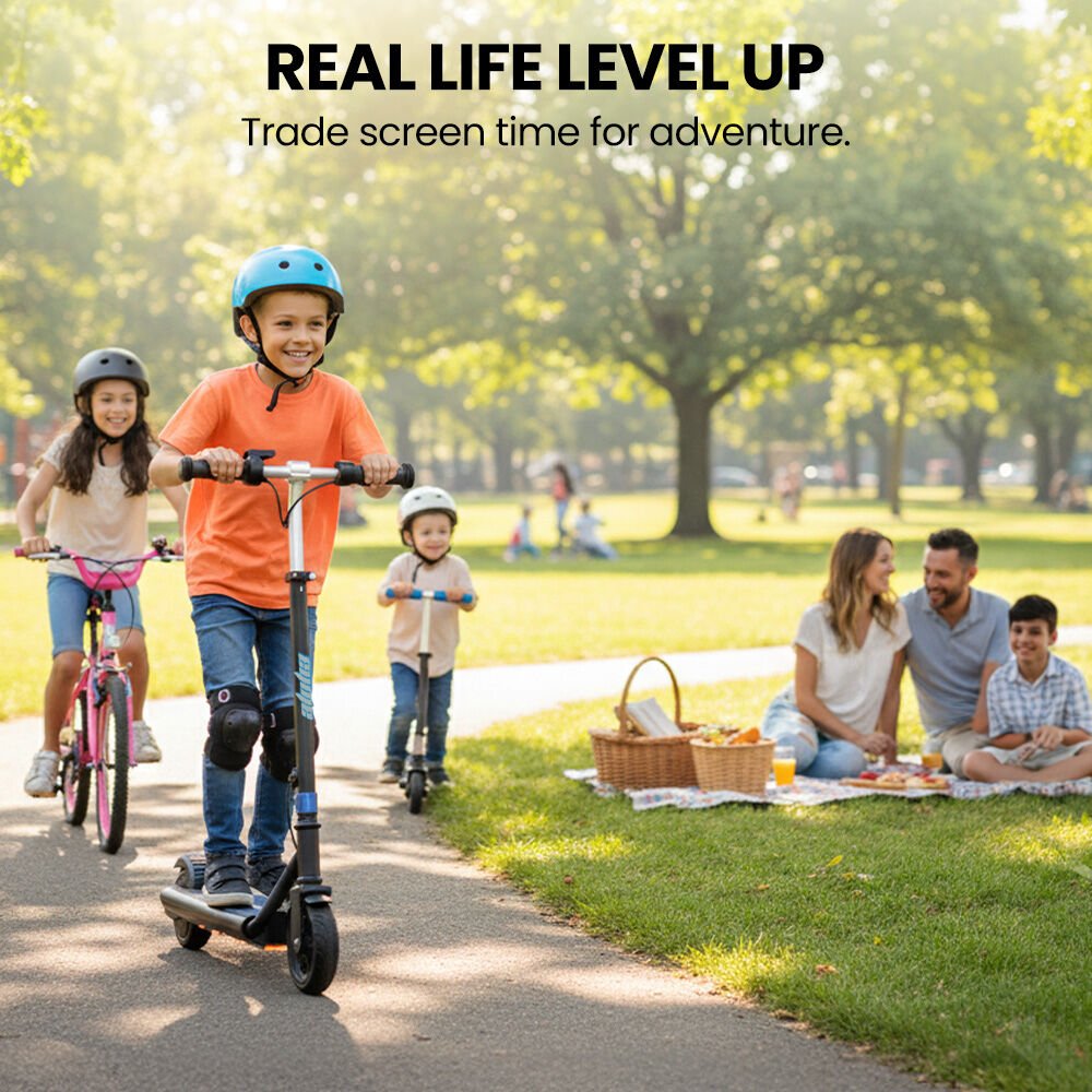 ALPHA Edge Electric Scooter, Kids & Teens, Adjustable Handlebars, 3 Speed Modes, Dual Foot E - Brake, Bluetooth Music, LED, Blue | Outdoorium