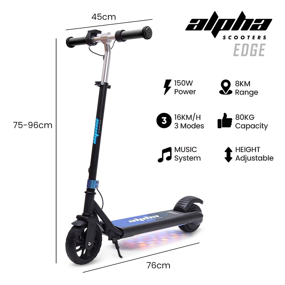 ALPHA Edge Electric Scooter, Kids & Teens, Adjustable Handlebars, 3 Speed Modes, Dual Foot E - Brake, Bluetooth Music, LED, Blue | Outdoorium