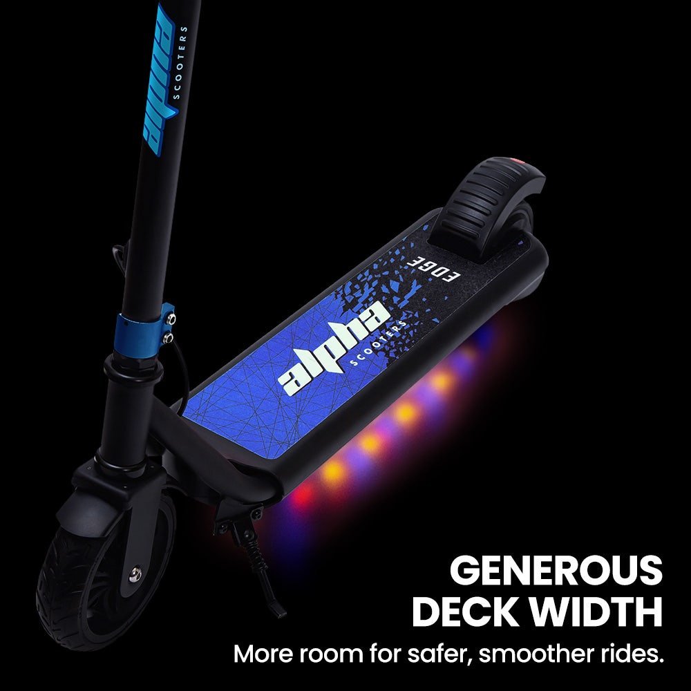 ALPHA Edge Electric Scooter, Kids & Teens, Adjustable Handlebars, 3 Speed Modes, Dual Foot E - Brake, Bluetooth Music, LED, Blue | Outdoorium