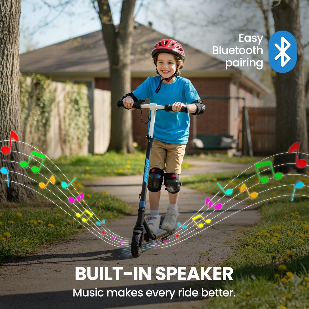 ALPHA Edge Electric Scooter, Kids & Teens, Adjustable Handlebars, 3 Speed Modes, Dual Foot E - Brake, Bluetooth Music, LED, Blue | Outdoorium