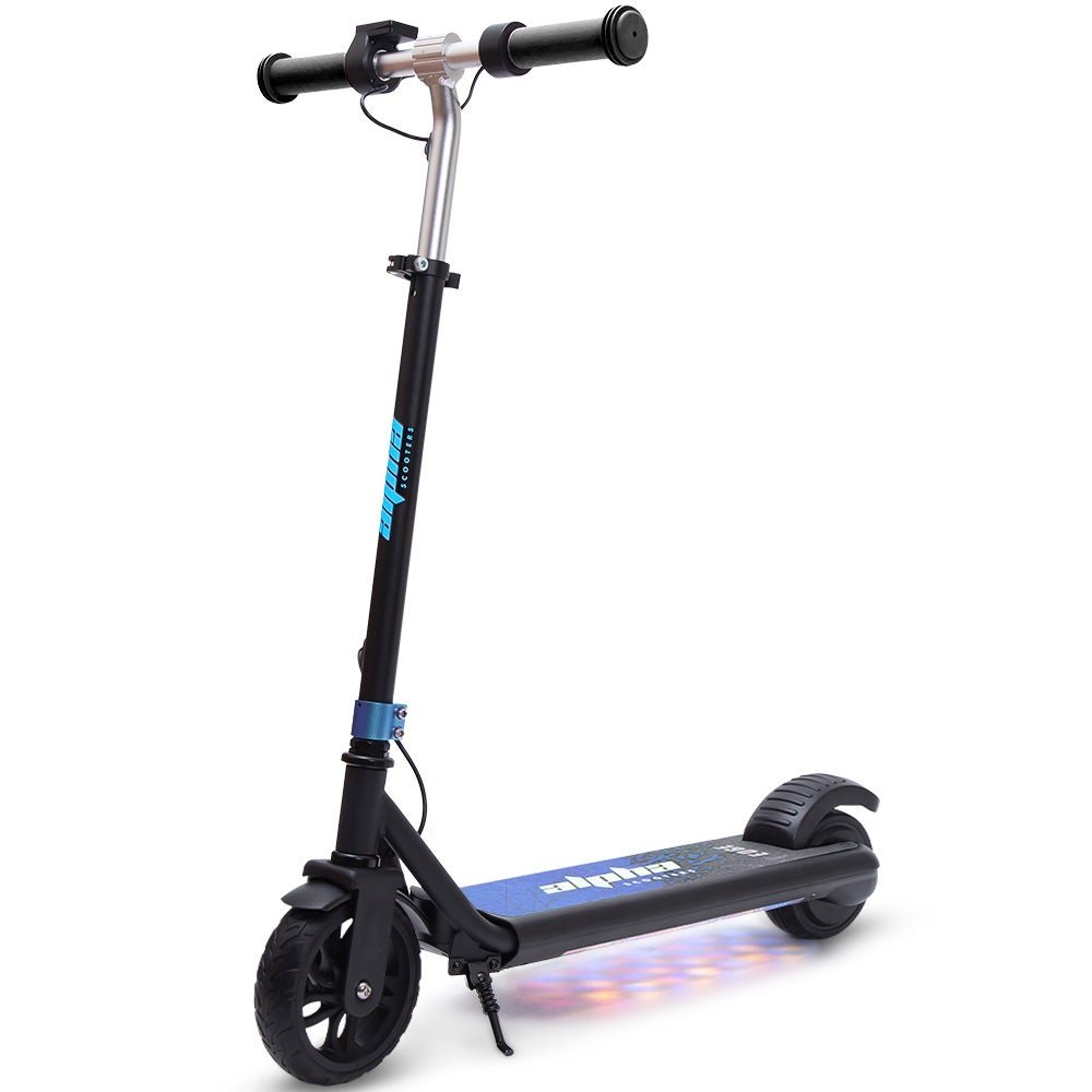 ALPHA Edge Electric Scooter, Kids & Teens, Adjustable Handlebars, 3 Speed Modes, Dual Foot E - Brake, Bluetooth Music, LED, Blue | Outdoorium
