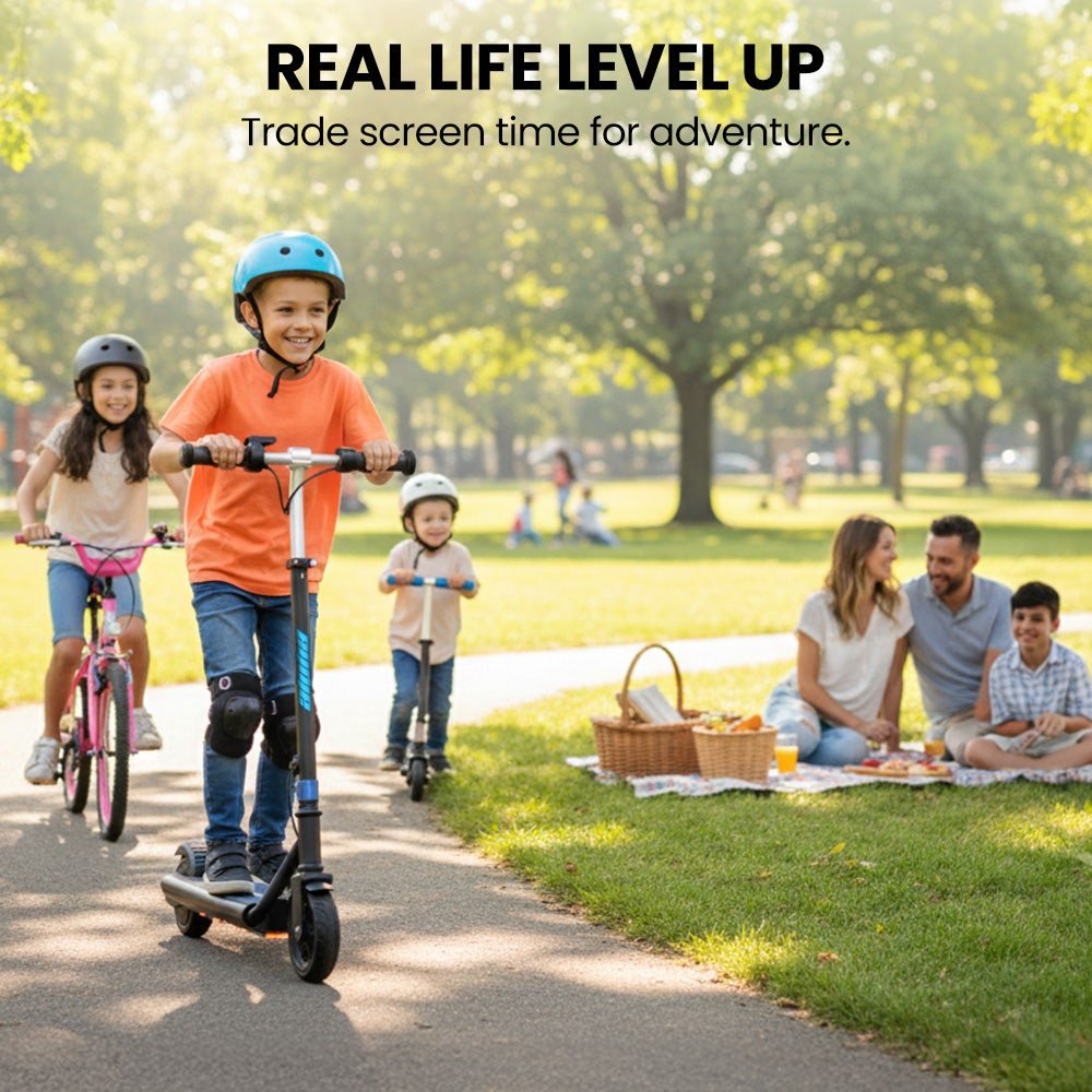 ALPHA Edge Electric Scooter, Kids & Teens, Adjustable Handlebars, 3 Speed Modes, Dual Foot E - Brake, Bluetooth Music, LED, Blue | Outdoorium