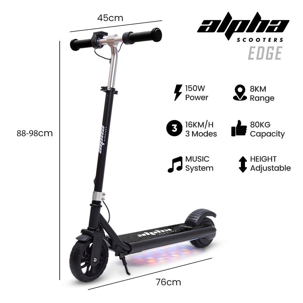 ALPHA Edge Electric Scooter Kids/Teens, 16km/h Max, Adjustable Height, UL Certified, AU Compliant, Dual Brakes, Bluetooth Music, LED, Black | Outdoorium