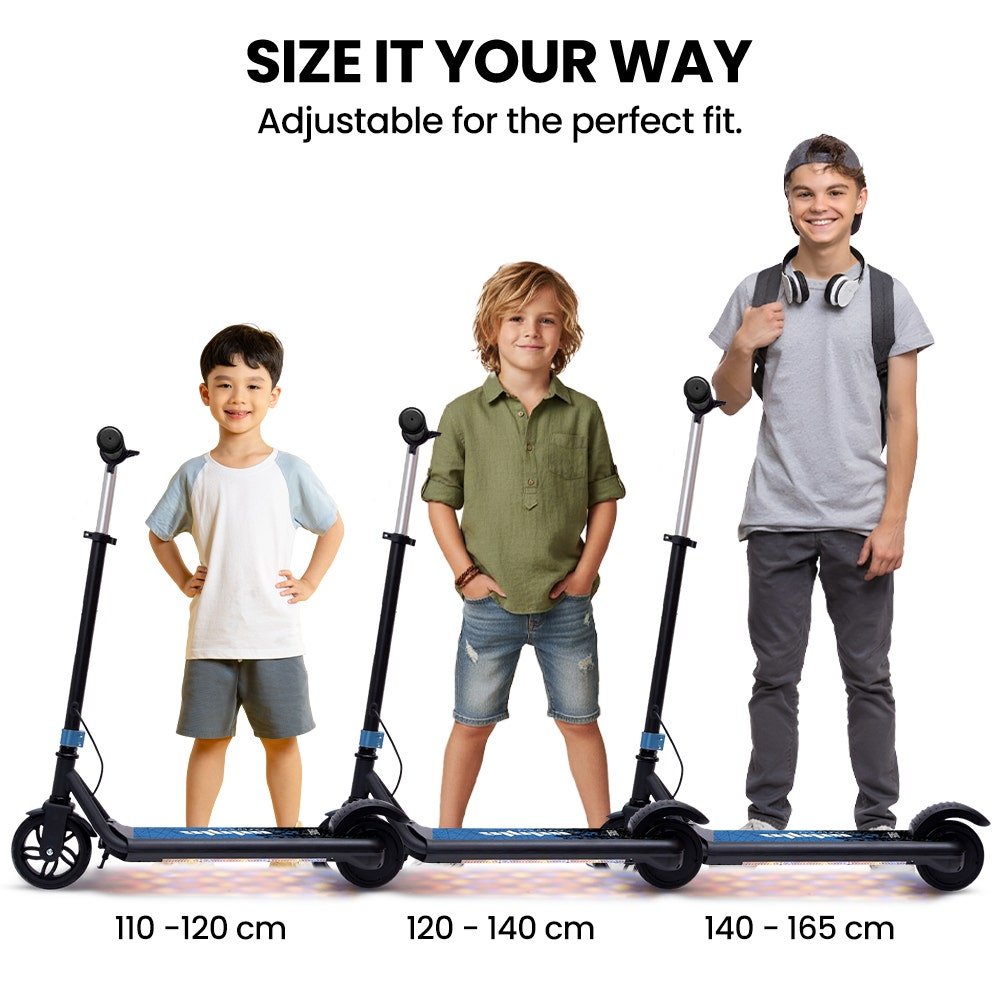 ALPHA Edge Electric Scooter Kids/Teens, 16km/h Max, Adjustable Height, UL Certified, AU Compliant, Dual Brakes, Bluetooth Music, LED, Blue | Outdoorium