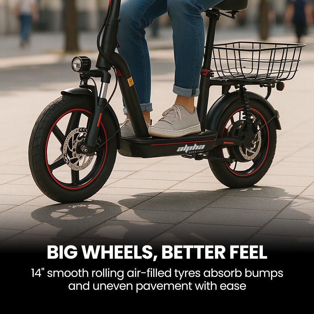 ALPHA Rover Electric Scooter with Seat, 500W 48V 25km/h 30km Range, 14 - inch Tyres, Motorised Commuter eScooter for Adults, Black | Outdoorium