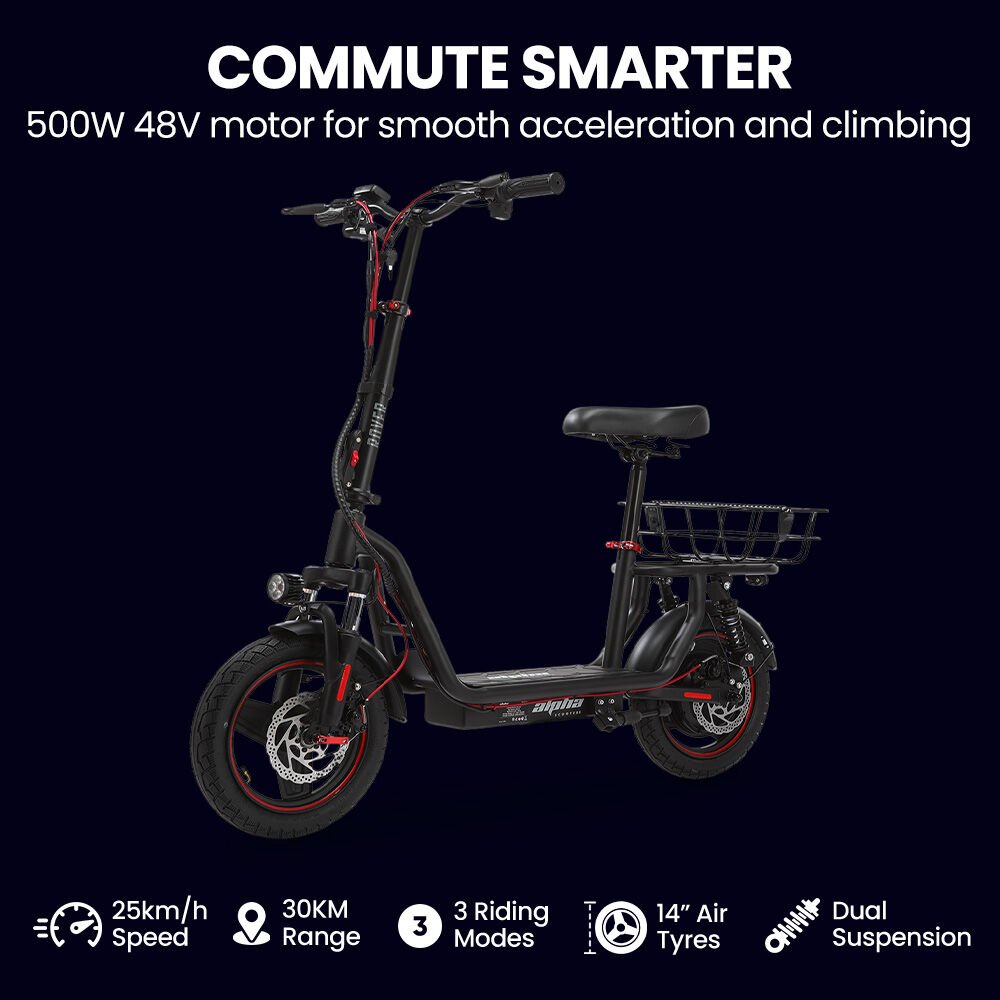 ALPHA Rover Electric Scooter with Seat, 500W 48V 25km/h 30km Range, 14 - inch Tyres, Motorised Commuter eScooter for Adults, Black | Outdoorium