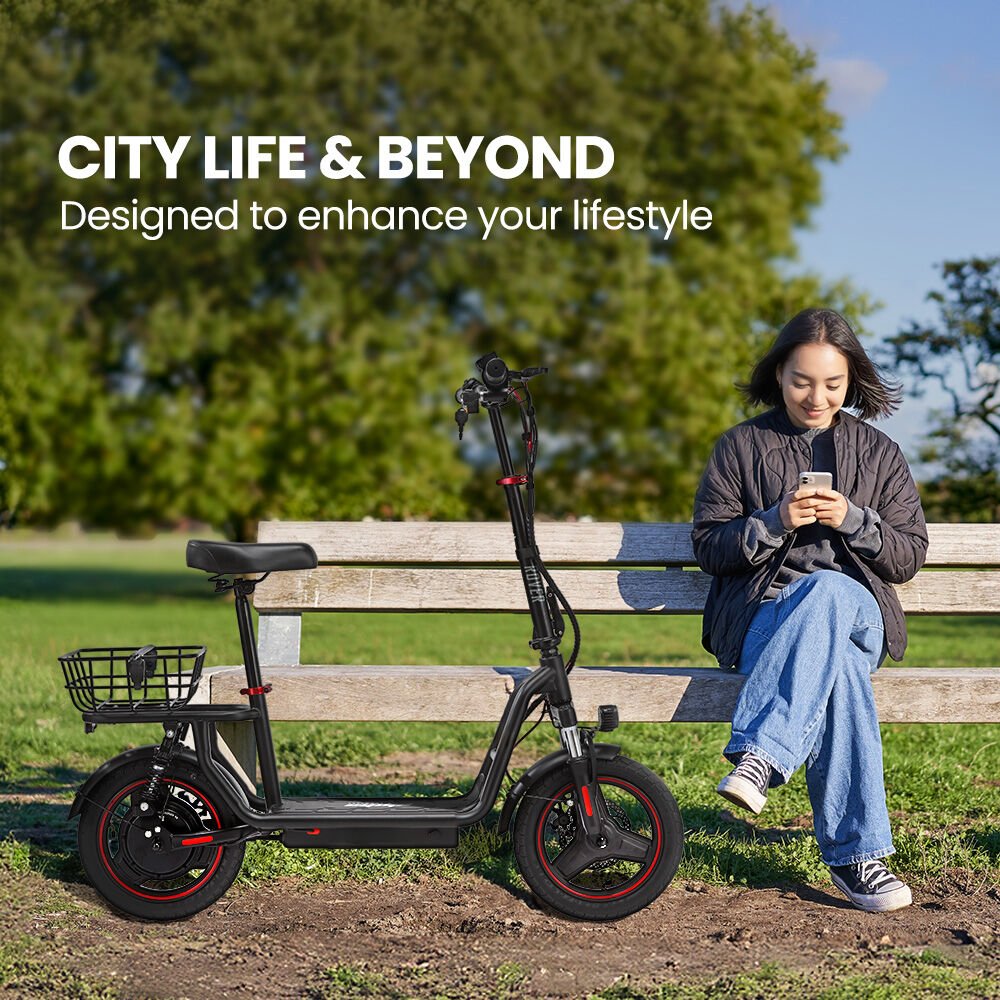 ALPHA Rover Electric Scooter with Seat, 500W 48V 25km/h 30km Range, 14 - inch Tyres, Motorised Commuter eScooter for Adults, Black | Outdoorium