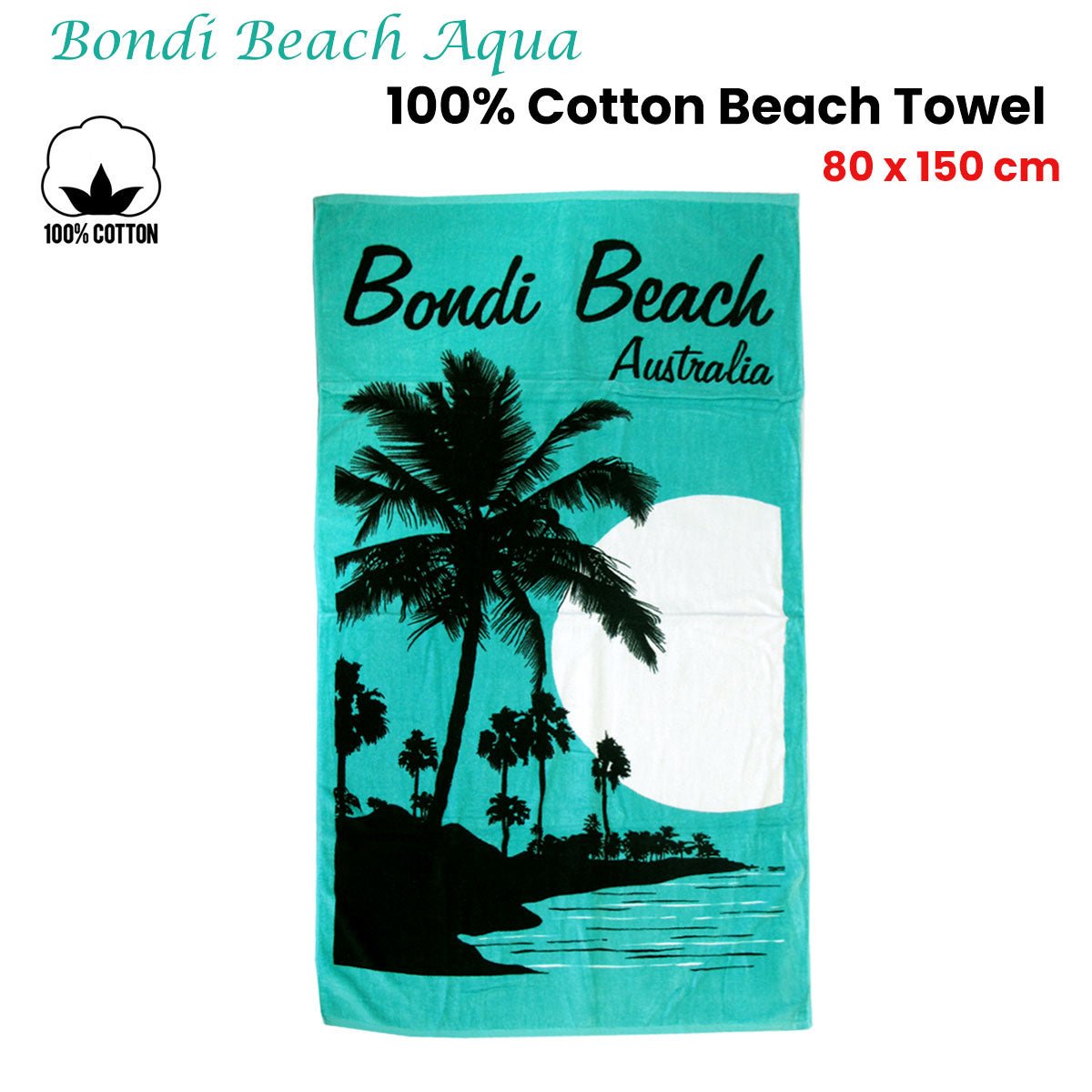 Aqua Blu Bondi Beach Aqua 100% Cotton Beach Towel 80 x 150 cm - Outdoorium