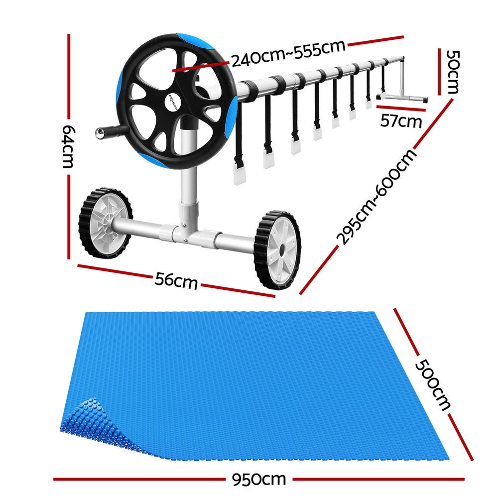 Aqua Buddy Pool Cover 600 Micron Solar Heat 9.5x5m Blanket w/ 5.55m Roller Blue | Outdoorium