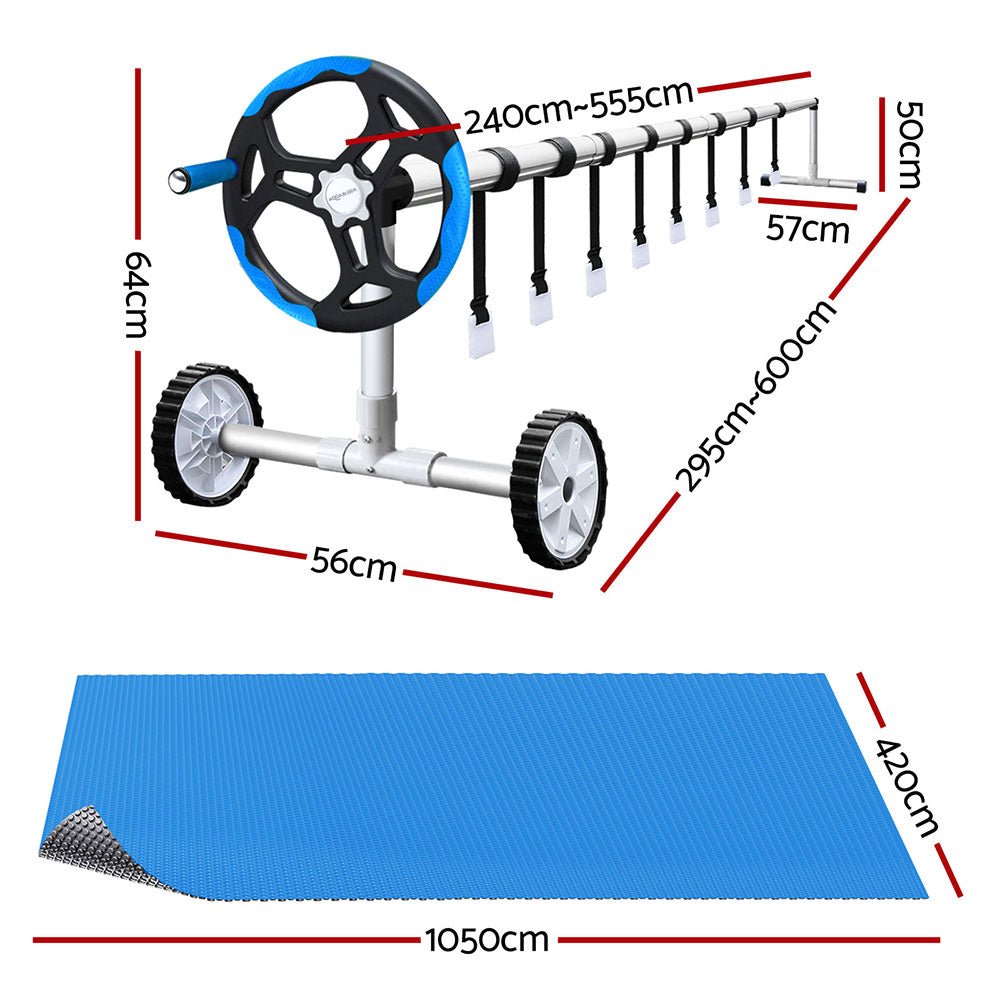 Aqua Buddy Pool Cover 600 Micron Solar Heat Blanket 10.5x4.2m w/ 5.55m Roller Blue | Outdoorium