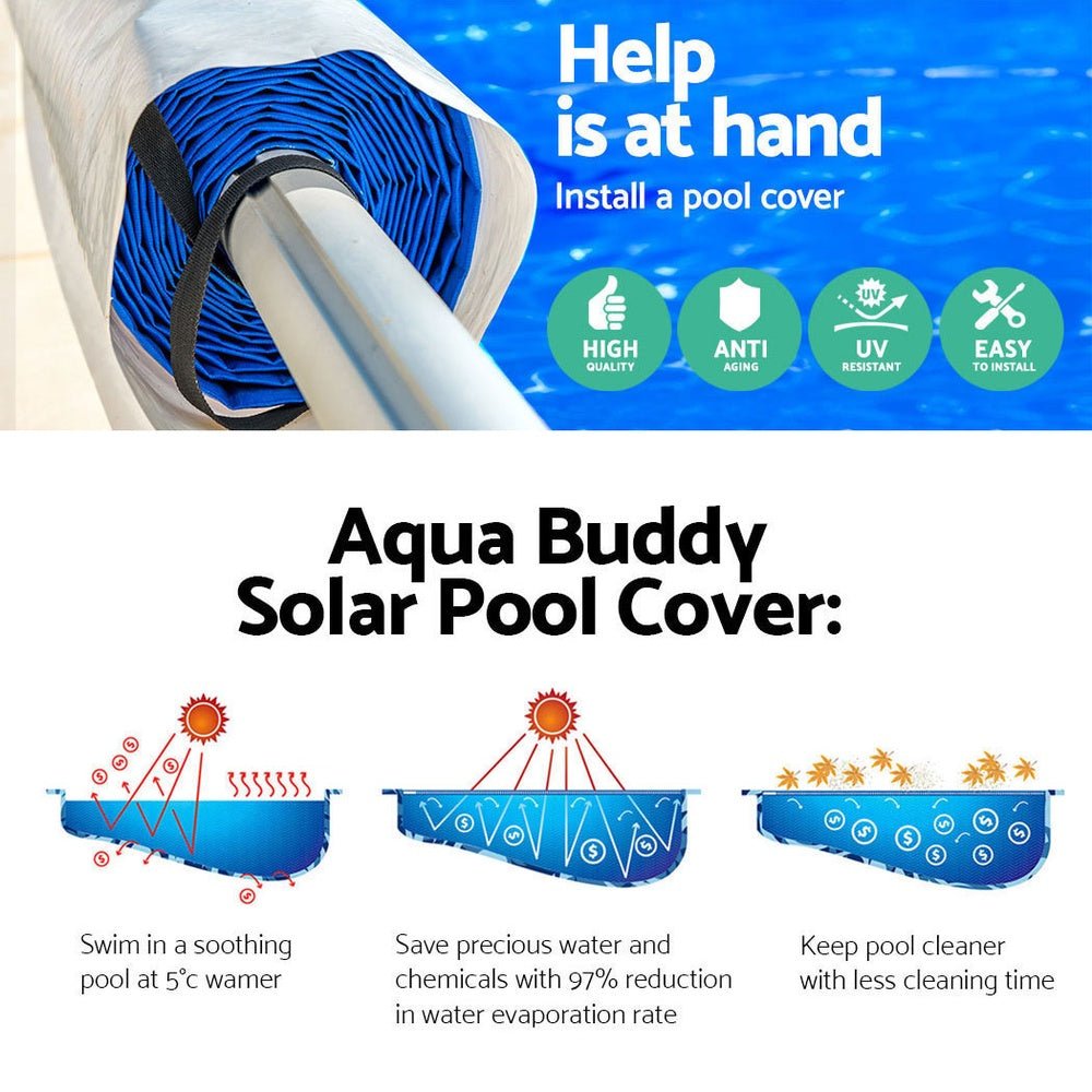 Aquabuddy Pool Cover 500 Micron 10.5x4.2m Silver Swimming Pool Solar Blanket 5.5m Blue Roller - Outdoorium