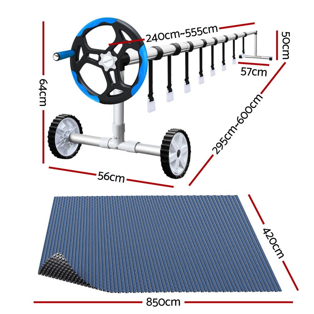 Aquabuddy Pool Cover 600 Micron 8.5x4.2m w/ Blue Roller 5.55m Black Solar Blanket - Outdoorium